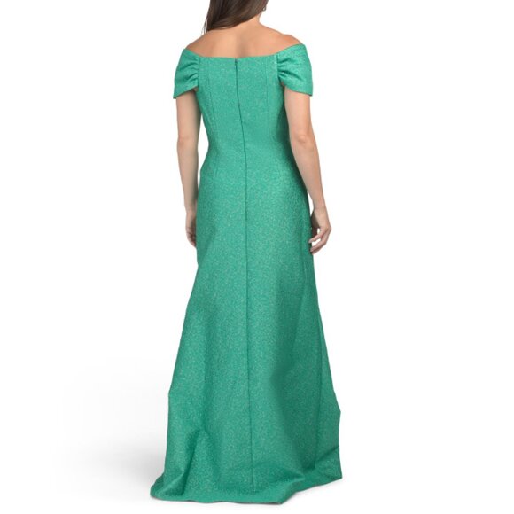 TERI JON Sage Jacquard Scalloped Neck Full Skirt Dress With Metallic Details - Picture 2 of 2